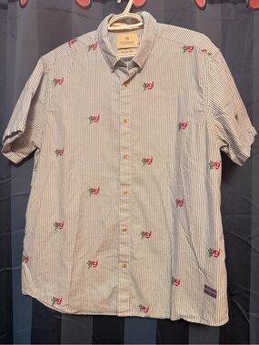 Scotch & Soda Blue Stripe Short-Sleeve Button-Down Shirt with Rose Embroidery